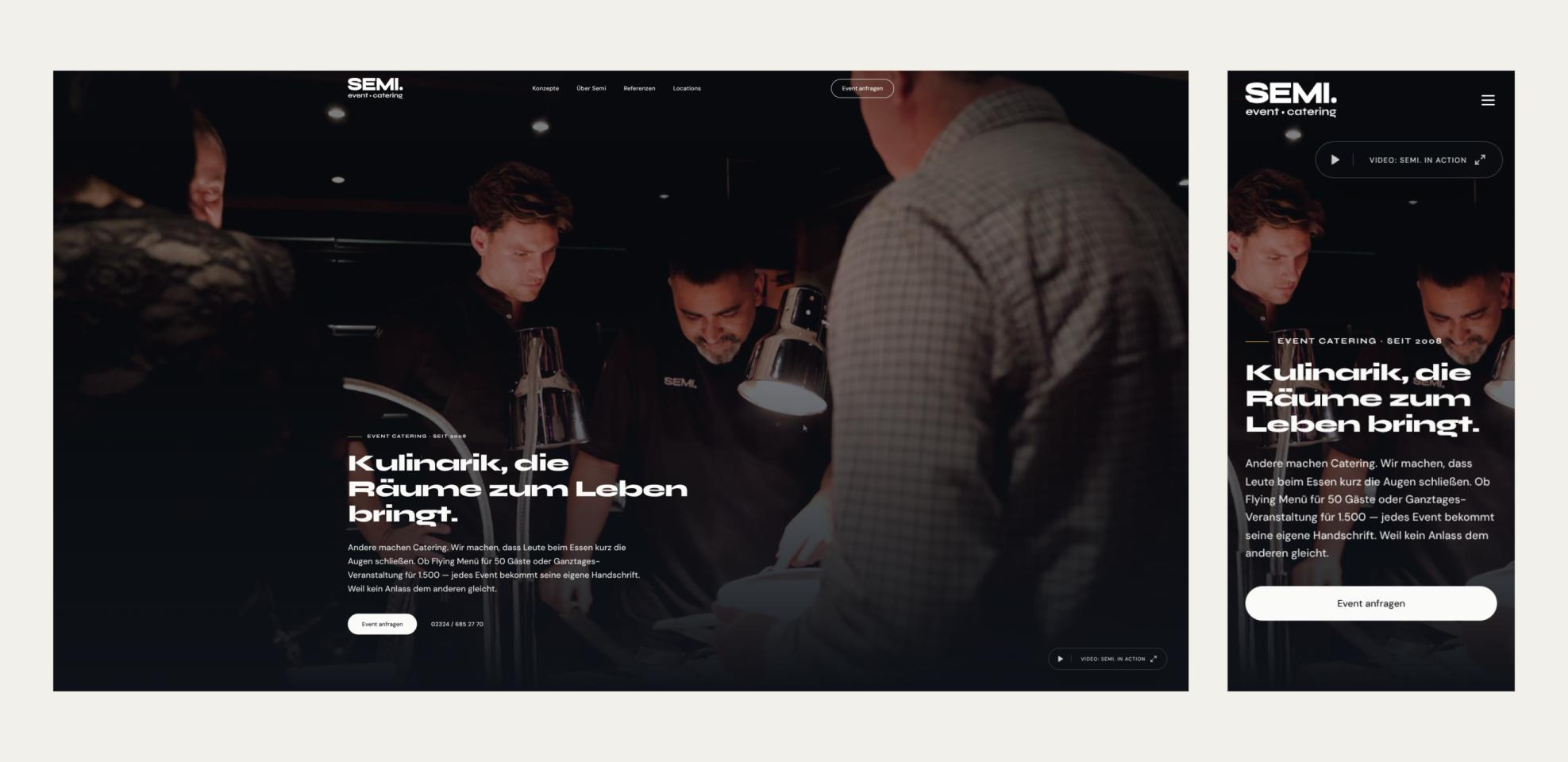 Startseite von semi-catering.de: Desktop- und Mobile-Ansicht nebeneinander