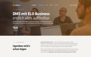 Lösungsseite DMS / ELO Business auf validdata.de, von der Redaktion selbst im System gebaut: dunkler Hero mit Foto, darunter die Ausgangslage in zwei Spalten