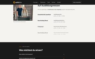 Ausbildungsseite auf validdata.de: Termine der Ausbildungsmessen als Liste, daneben ein Messefoto, darunter die Häufigen Fragen