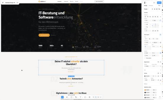 Figma: Hero der Startseite mit Kartenhintergrund, Kennzahlen und Partner-Logos, darunter die durchnummerierten Einwand-Sektionen