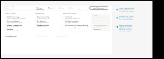 Wireframe der Hauptnavigation: Mega-Menü mit drei Themenspalten, Highlight-Teaser rechts und Platzhaltern für spätere Ausbaustufen