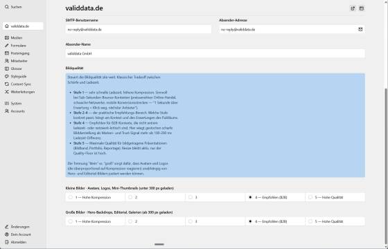 Bildqualität im Panel: fünf Stufen, getrennt einstellbar für kleine Bilder wie Avatare und Logos und für große Bilder wie Hero-Backdrops und Galerien, mit erklärter Empfehlung je Kontext